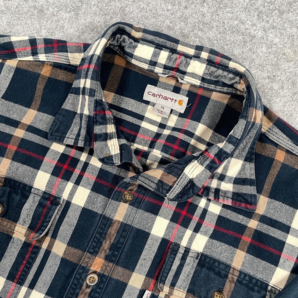 Carhartt Mens Plaid Flannel Button Up Shirt XL Navy Blue Original Fit Cotton